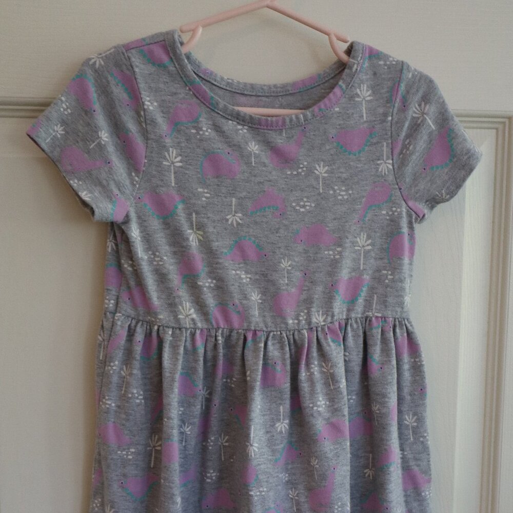Cat and Jack 3T Short Sleeve Dress Grey with Purple Dinosaurs